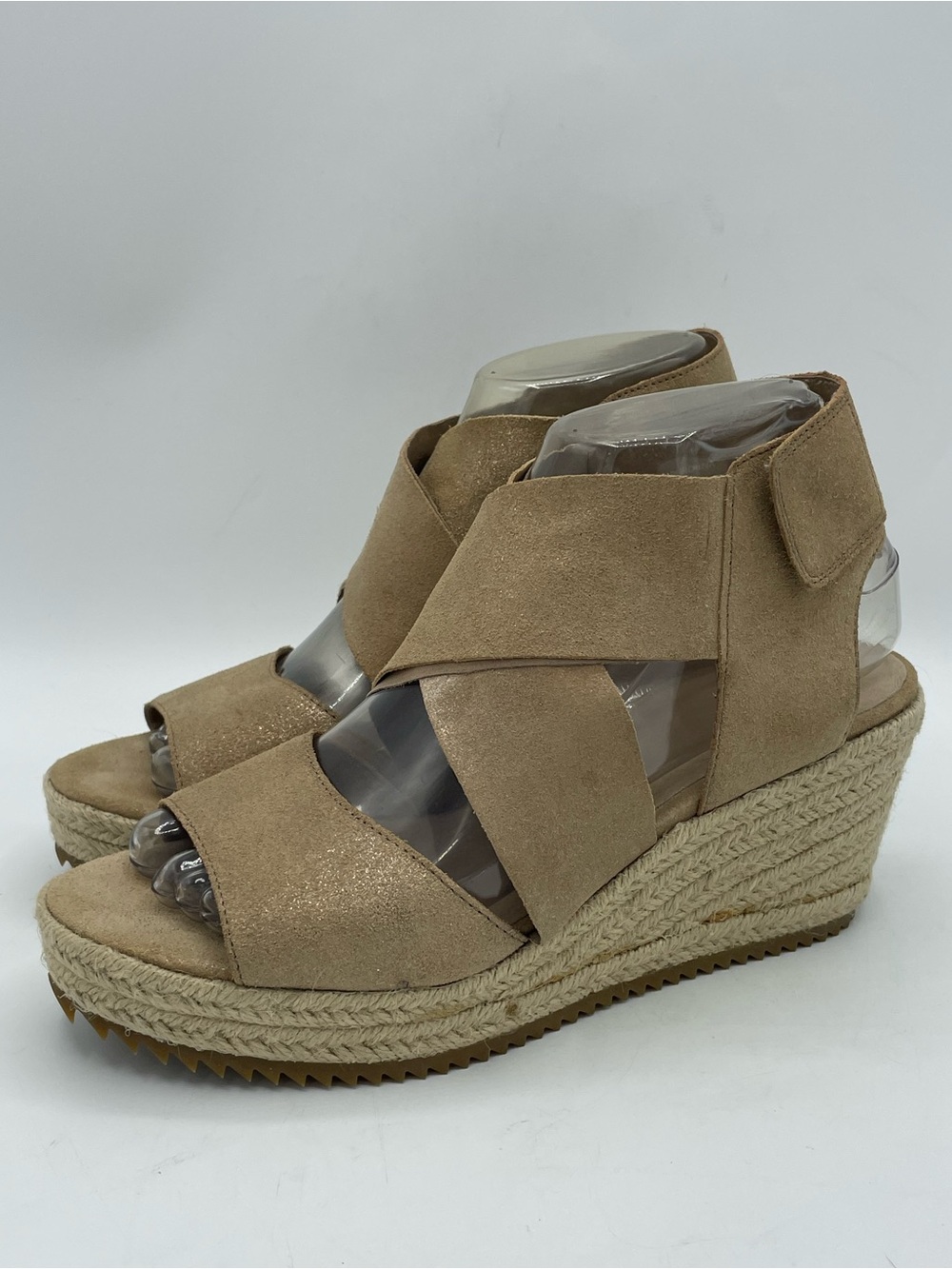 Eileen Fisher Willow Tan Metallic Suede Crisscross Strap Espadrille Wedge Sandal